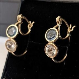 14K Yellow Gold Bezel Set Blue And Clear CZ Hoop Earrings 3/4" B98